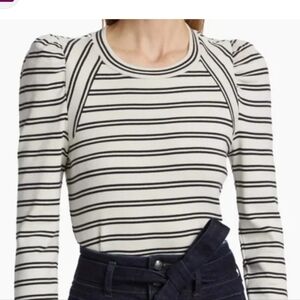 Veronica Beard Delano Striped Top Ribbed Gathered Shoulders Pima Cotton M